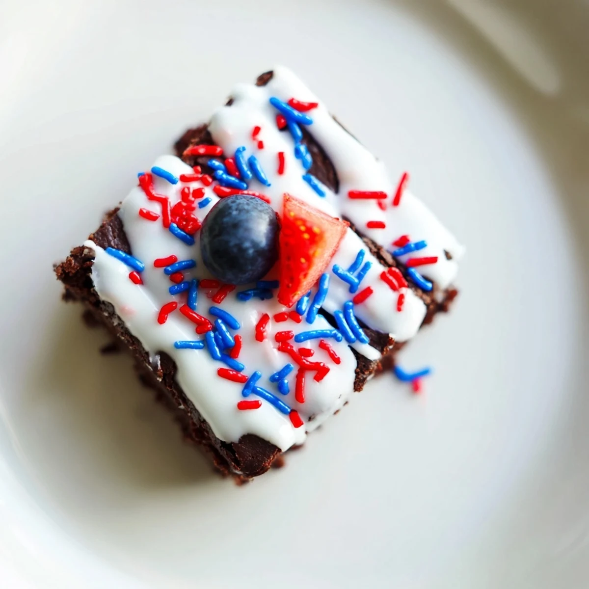 Chewy bite-sized brownies decorated with patriotic red, white, and blue glaze.