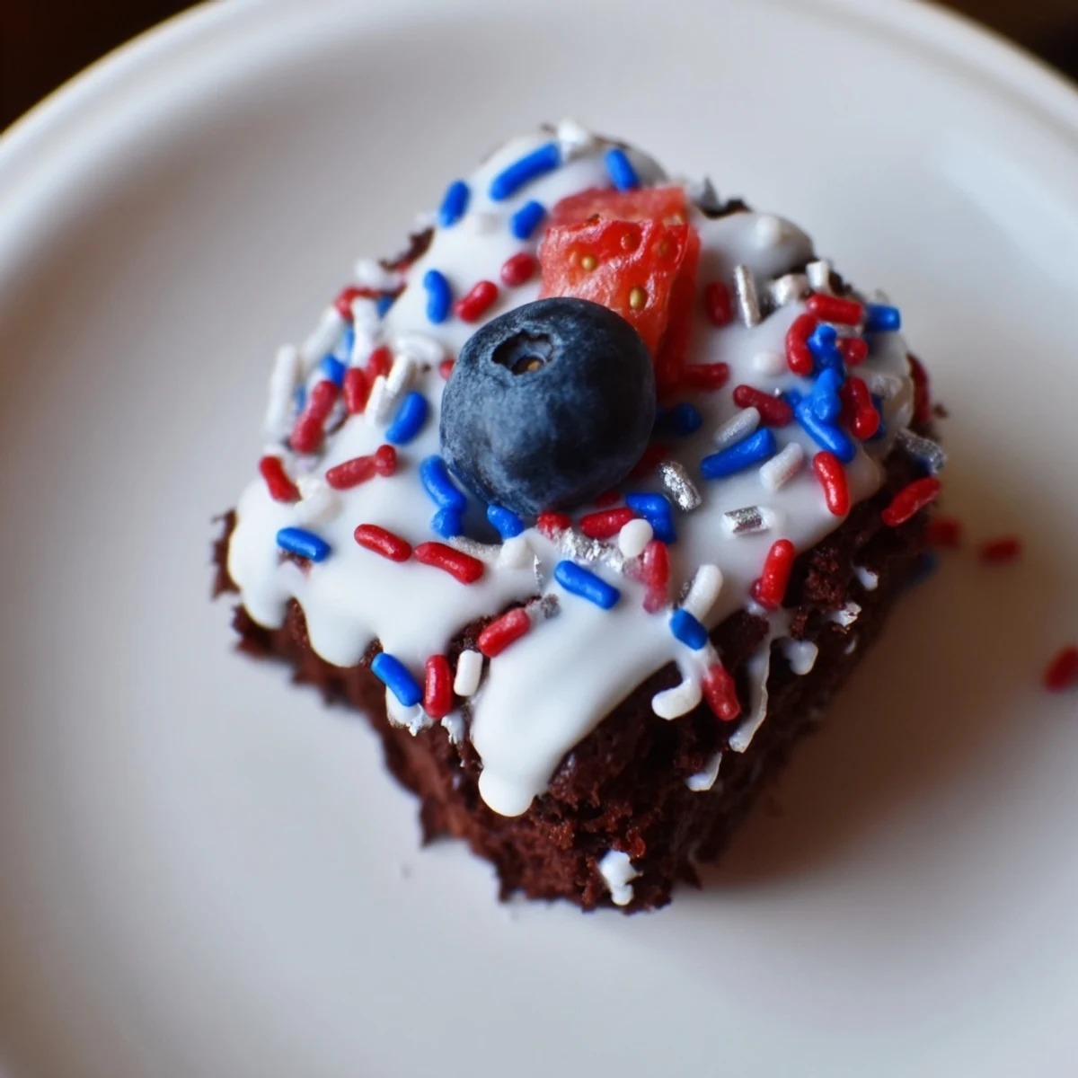 Sweet July brownie bites drizzled with white icing and colorful sprinkles.