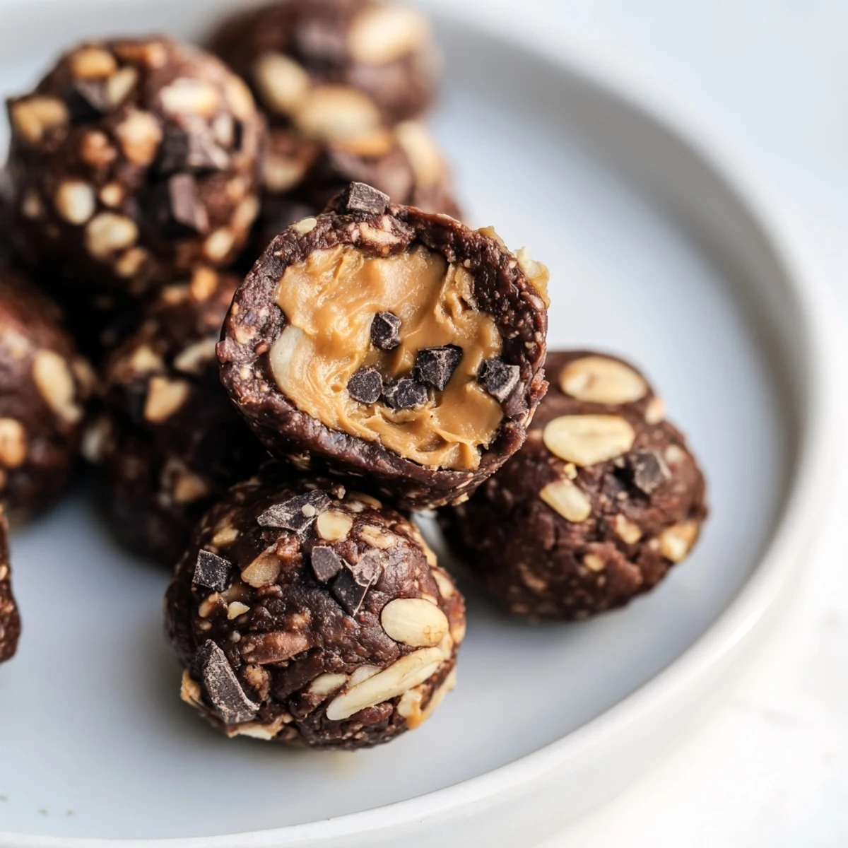 Homemade Snickers energy balls rolled with chopped peanuts and chocolate chips on a plate.  