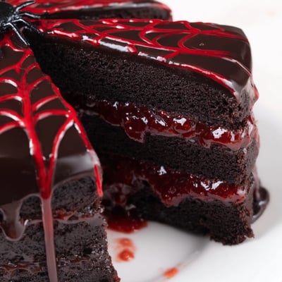 Hidden Horror Black Widow Cake sliced open to reveal a glistening crimson cherry compote center filling