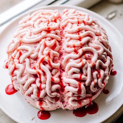 No bake strawberry cheesecake brain sliced to reveal creamy filling and cookie crust