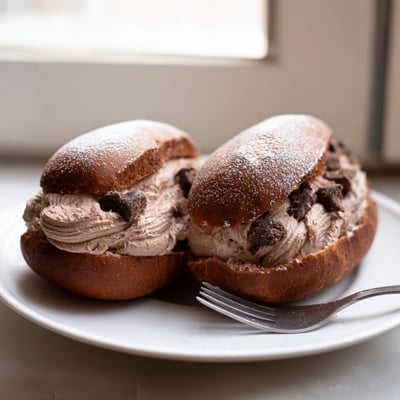 Golden-baked Italian Chocolate Maritozzi nestled on parchment, dusted with powdered cocoa sugar