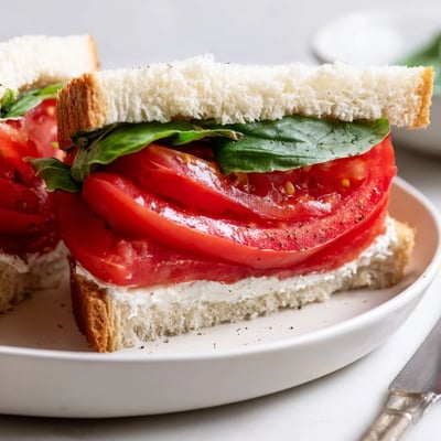 Classic tomato sandwich layered with thick slices and fragrant basil leaves
