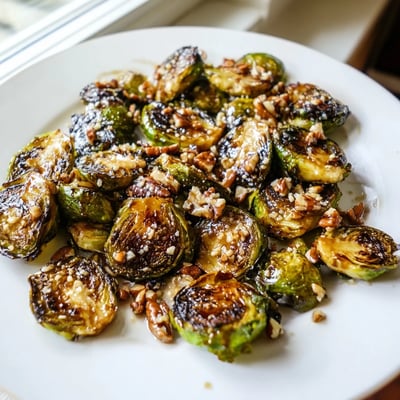 Caramelized honey balsamic Brussels sprouts with charred edges on a parchment-lined baking sheet