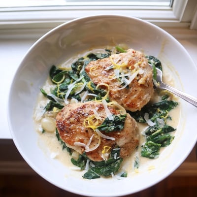Crispy Parmesan-crusted Lemon Parmesan Spinach Chicken drizzled with a velvety, garlicky cream sauce