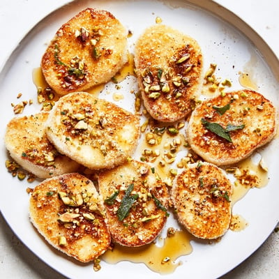 Crispy pan-fried Honey Halloumi sprinkled with toasted nuts and cracked black pepper.  