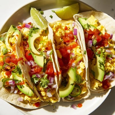 Warm tortillas filled with cheese and veggies in a hearty breakfast tacos recipe.  